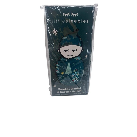 NEW Little Sleepies Green Twinkling Trees Swaddle And Knotted Hat Fast Shipping